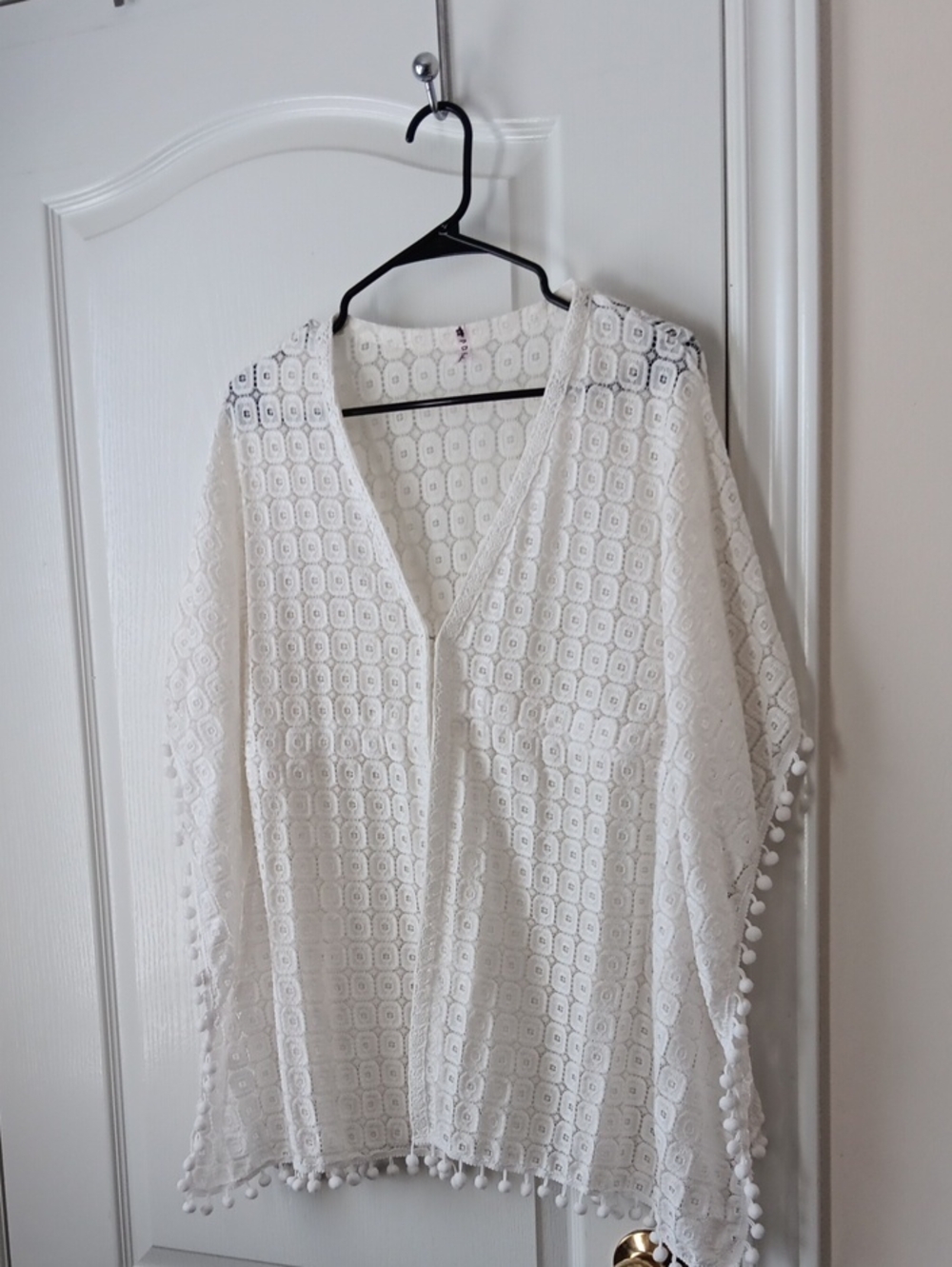 White Crochet Lace Poncho Cover-Up with Pom Trim